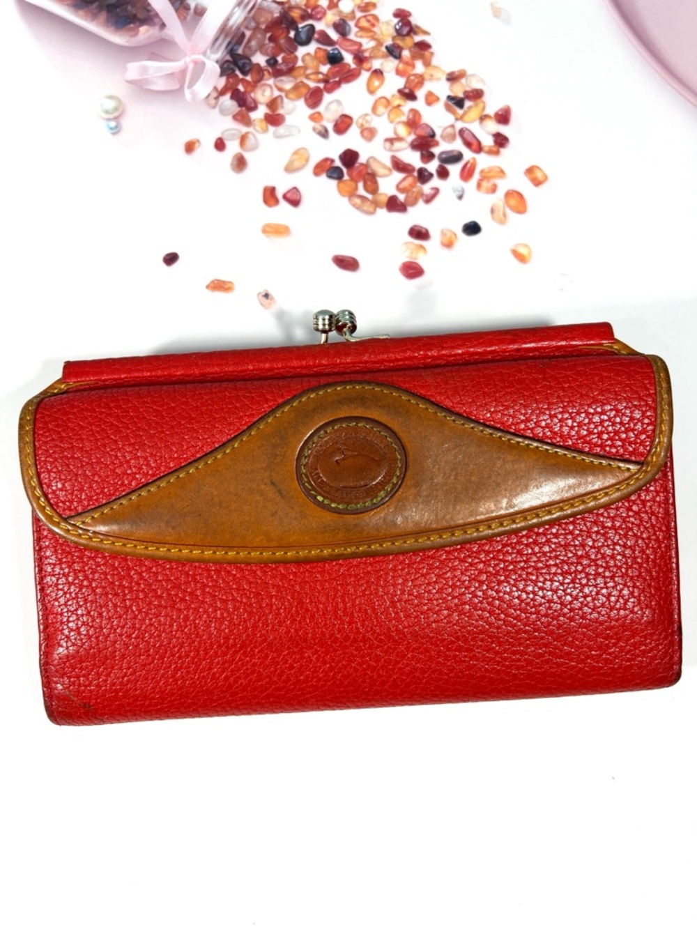 🦆 DOONEY & BOURKE VINTAGE CHECKBOOK ORGANIZER AWL RED TAN WITH KISSLOCK COIN BAG